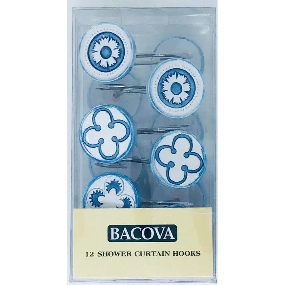 Ceramic Shower Curtain Hooks Set of 12 White Blue Flower Decal NEW